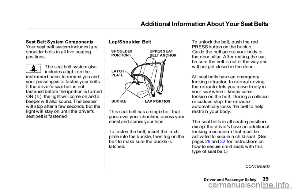 HONDA ACCORD SEDAN 2000 (in English) Service Manual Additiona
l Informatio n Abou t You r Sea t Belt s
Sea t Bel t Syste m Component s
You r sea t bel t syste m include s lap /
shoulde r belt s i n al l fiv e seating
positions .
Th e sea t bel t sy HONDA ACCORD SEDAN 2000 (in English) Service Manual Additiona
l Informatio n Abou t You r Sea t Belt s
Sea t Bel t Syste m Component s
You r sea t bel t syste m include s lap /
shoulde r belt s i n al l fiv e seating
positions .
Th e sea t bel t sy