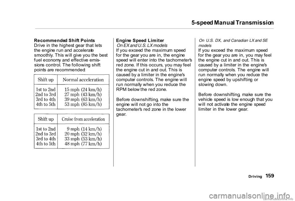 HONDA CIVIC SEDAN 2000 Owners Manual (in English)
5-spee
d Manua l Transmissio n
Recommende d Shif t Point s
Driv e i n th e highes t gea r tha t let s
th e engin e ru n an d accelerat e
smoothly . Thi s wil l giv e yo u th e bes t
fue l econom y a HONDA CIVIC SEDAN 2000 Owners Manual (in English)
5-spee
d Manua l Transmissio n
Recommende d Shif t Point s
Driv e i n th e highes t gea r tha t let s
th e engin e ru n an d accelerat e
smoothly . Thi s wil l giv e yo u th e bes t
fue l econom y a