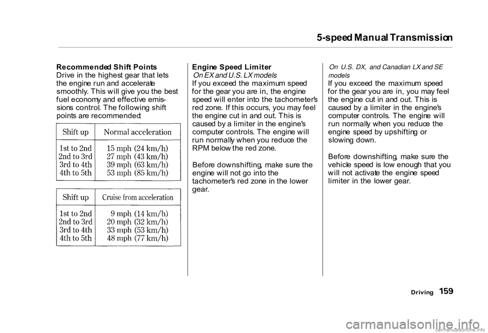 HONDA CIVIC SEDAN 2000   (in English) User Guide 
5-spee
d Manua l Transmissio n

Recommende d Shif t Point s
Driv e i n th e highes t gea r tha t let s
th e engin e ru n an d accelerat e
smoothly . Thi s wil l giv e yo u th e bes t
fue l econom y a