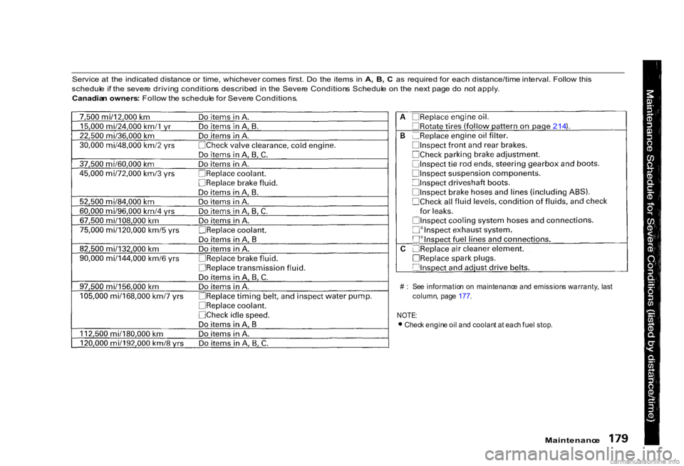 HONDA CIVIC SEDAN 2000  Owners Manual (in English) Service at  the indicated distance or  time, whichever comes first. Do  the items in A,  B,  C  as  required for  each distance/time interval. Follow this
schedule i f th e sever e drivin g condition 