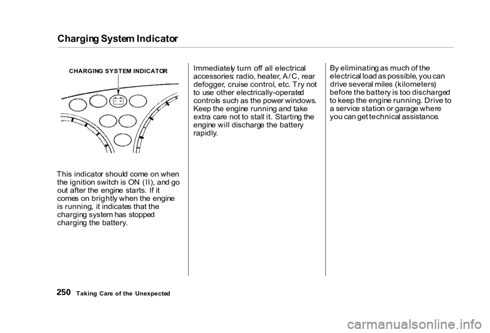 HONDA CIVIC SEDAN 2000 Owners Manual (in English) Chargin
g Syste m Indicato r
CHARGIN G SYSTE M INDICATO R
Thi s indicato r shoul d com e o n whe n
th e ignitio n switc h is O N (II) , an d g o
ou t afte r th e engin e starts . I f i t
come s o HONDA CIVIC SEDAN 2000 Owners Manual (in English) Chargin
g Syste m Indicato r
CHARGIN G SYSTE M INDICATO R
Thi s indicato r shoul d com e o n whe n
th e ignitio n switc h is O N (II) , an d g o
ou t afte r th e engin e starts . I f i t
come s o