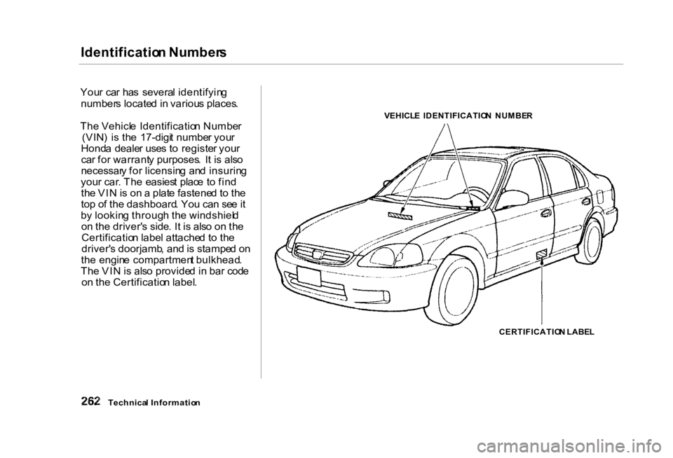 HONDA CIVIC SEDAN 2000  Owners Manual (in English) Identificatio
n Number s

You r ca r ha s  severa l identifyin g
number s locate d in  variou s places .
Th e Vehicl e Identificatio n Numbe r
(VIN )  i s th e  17-digi t numbe r you r
Hond a deale r 