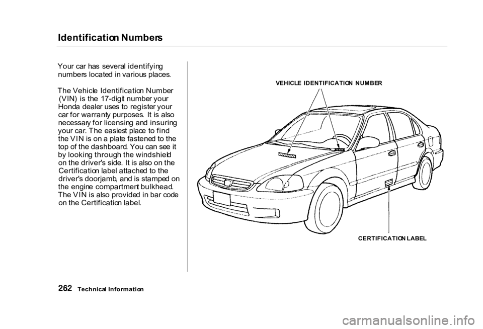 HONDA CIVIC SEDAN 2000 Owners Manual (in English) Identificatio
n Number s
You r ca r ha s severa l identifyin g
number s locate d in variou s places .
Th e Vehicl e Identificatio n Numbe r
(VIN ) i s th e 17-digi t numbe r you r
Hond a deale r HONDA CIVIC SEDAN 2000 Owners Manual (in English) Identificatio
n Number s
You r ca r ha s severa l identifyin g
number s locate d in variou s places .
Th e Vehicl e Identificatio n Numbe r
(VIN ) i s th e 17-digi t numbe r you r
Hond a deale r