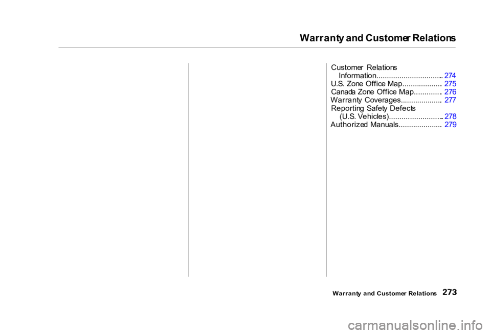 HONDA CIVIC SEDAN 2000  Owners Manual (in English) 
Warrant
y an d Custome r Relation s
Custome r  Relation s
Information................................ .  27 4
U.S .  Zon e Offic e Map................... .  27 5
Canad a Zon e Offic e Map............