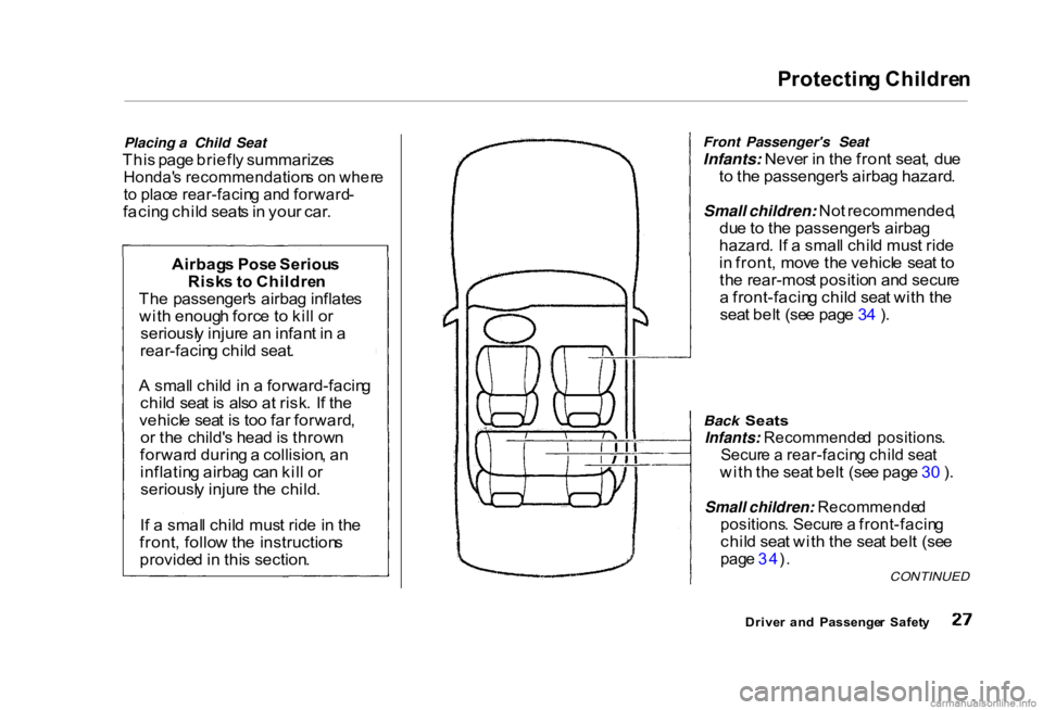 HONDA CIVIC SEDAN 2000 (in English) Owners Guide Protectin
g Childre n
Placing a Child Seat
Thi s pag e briefl y summarize s
Honda' s recommendation s o n wher e
t o plac e rear-facin g an d forward -
facin g chil d seat s in you r car . F HONDA CIVIC SEDAN 2000 (in English) Owners Guide Protectin
g Childre n
Placing a Child Seat
Thi s pag e briefl y summarize s
Honda' s recommendation s o n wher e
t o plac e rear-facin g an d forward -
facin g chil d seat s in you r car . F