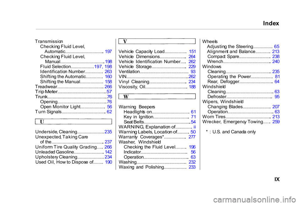 HONDA CIVIC SEDAN 2000  Owners Manual (in English) Inde
x

Transmissio n
Checkin g Flui d Level ,
Automatic.............................. .  19 7
Checkin g Flui d Level ,

Manual................................... . 19 8

Flui d Selection.............