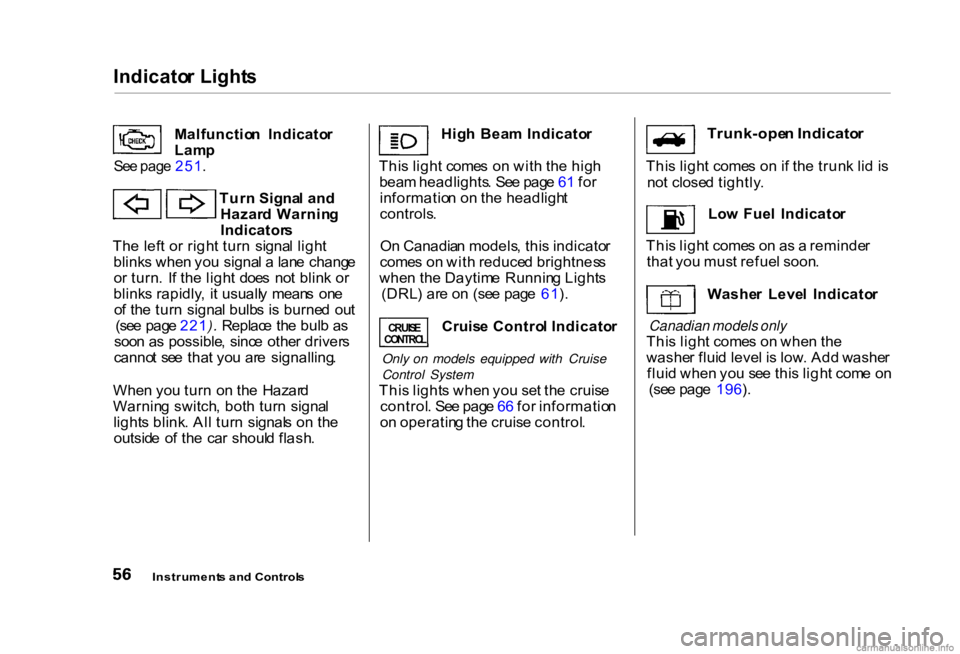HONDA CIVIC SEDAN 2000  Owners Manual (in English) Indicato
r Light s

Malfunctio n  Indicato r
Lam p

Se e pag e 251 .

Tur n Signa l an d
Hazar d  Warnin g
Indicator s
Th e lef t o r righ t tur n  signa l ligh t
blink s whe n yo u signa l a  lan e c