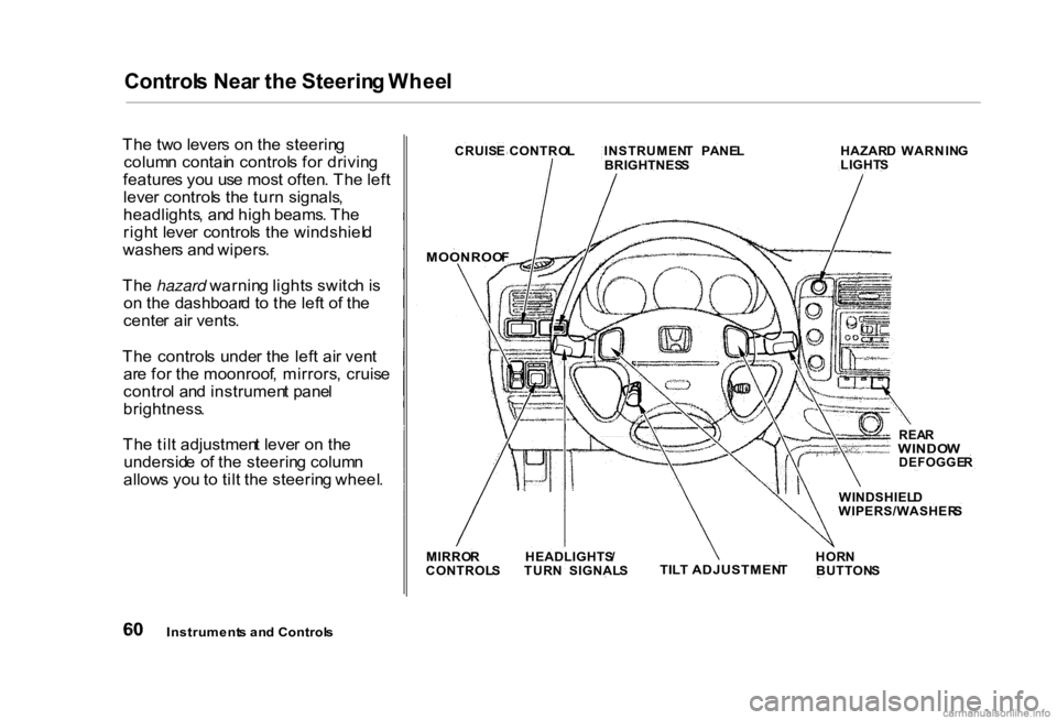 HONDA CIVIC SEDAN 2000 (in English) Repair Manual Control
s Nea r th e Steerin g Whee l
Th e tw o lever s o n th e steerin g
colum n contai n control s fo r drivin g
feature s yo u us e mos t often . Th e lef t
leve r control s th e tur n signals ,
HONDA CIVIC SEDAN 2000 (in English) Repair Manual Control
s Nea r th e Steerin g Whee l
Th e tw o lever s o n th e steerin g
colum n contai n control s fo r drivin g
feature s yo u us e mos t often . Th e lef t
leve r control s th e tur n signals ,