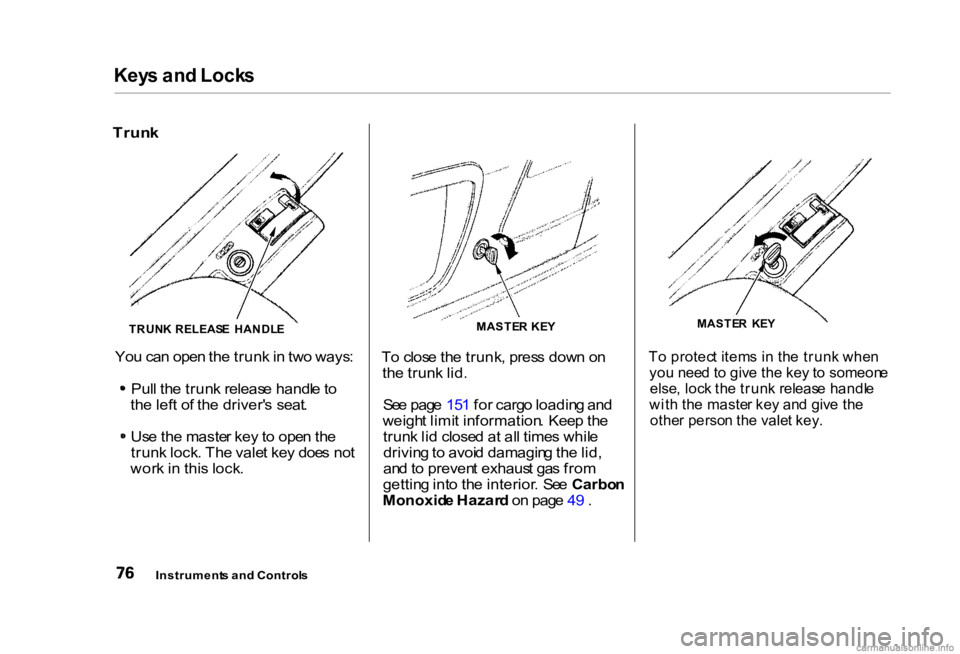 HONDA CIVIC SEDAN 2000 (in English) Manual PDF Key
s an d Lock s
Trun k
To clos e th e trunk , pres s dow n o n
th e trun k lid .
Se e pag e 15 1 fo r carg o loadin g an d
weigh t limi t information . Kee p th e
trun k li d close d a t al l tim HONDA CIVIC SEDAN 2000 (in English) Manual PDF Key
s an d Lock s
Trun k
To clos e th e trunk , pres s dow n o n
th e trun k lid .
Se e pag e 15 1 fo r carg o loadin g an d
weigh t limi t information . Kee p th e
trun k li d close d a t al l tim