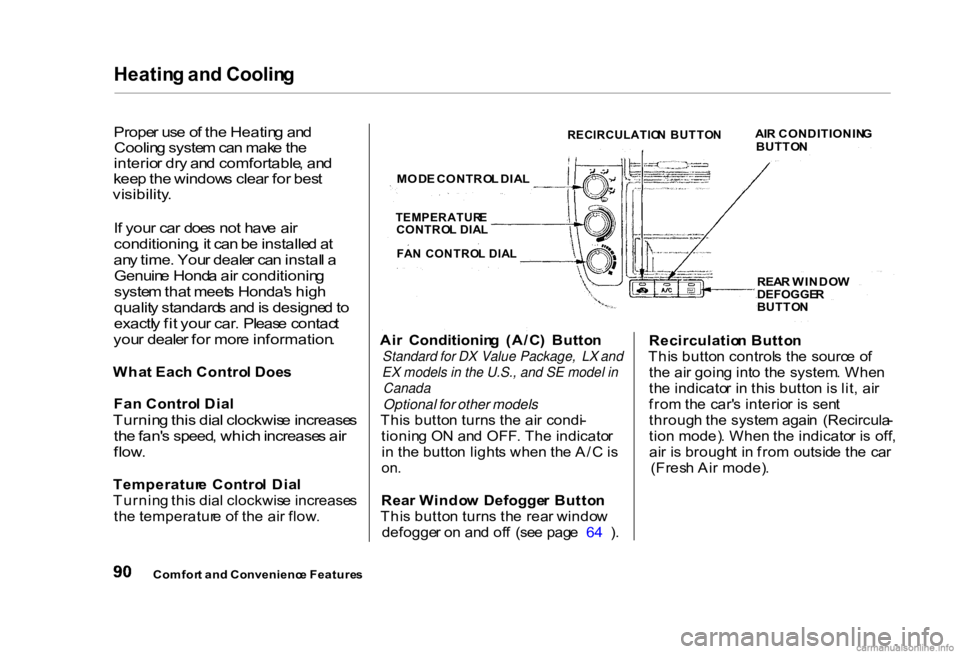 HONDA CIVIC SEDAN 2000 (in English) Owners Manual Heatin
g an d Coolin g
Prope r us e o f the Heatin g an d
Coolin g syste m ca n mak e th e
interio r dr y an d comfortable , an d
kee p the window s clea r fo r bes t
visibility .
I f you r ca HONDA CIVIC SEDAN 2000 (in English) Owners Manual Heatin
g an d Coolin g
Prope r us e o f the Heatin g an d
Coolin g syste m ca n mak e th e
interio r dr y an d comfortable , an d
kee p the window s clea r fo r bes t
visibility .
I f you r ca