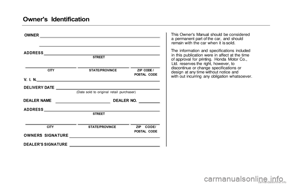 HONDA PRELUDE 2000  Owners Manual (in English) Owner's  Identification
This Owner's Manual should be considereda permanent part of the car, and shouldremain with the car when it is sold.
The information and specifications included
in this 