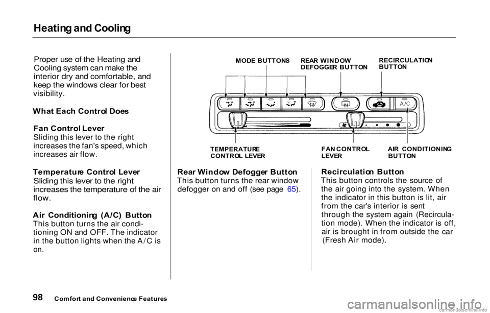 HONDA PRELUDE 2000 Owners Manual (in English) Heatin
g an d Coolin g
Proper use of the Heating and
Cooling system can make the
interior dry and comfortable, and
keep the windows clear for best
visibility.
Wha t Eac h Contro l Doe s
Fan Cont HONDA PRELUDE 2000 Owners Manual (in English) Heatin
g an d Coolin g
Proper use of the Heating and
Cooling system can make the
interior dry and comfortable, and
keep the windows clear for best
visibility.
Wha t Eac h Contro l Doe s
Fan Cont