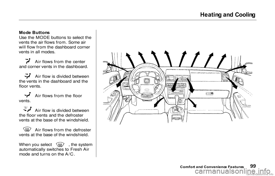 HONDA PRELUDE 2000 Owners Manual (in English) Heating an d Coolin g
Mode Button s
Use the MODE buttons to select the
vents the air flows from. Some air will flow from the dashboard corner
vents in all modes.
Air flows from the center
and corner v HONDA PRELUDE 2000 Owners Manual (in English) Heating an d Coolin g
Mode Button s
Use the MODE buttons to select the
vents the air flows from. Some air will flow from the dashboard corner
vents in all modes.
Air flows from the center
and corner v