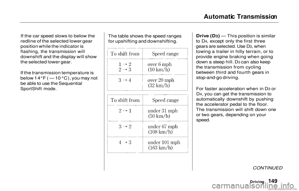 HONDA PRELUDE 2000  Owners Manual (in English) 
Automati
c Transmissio n

If the car speed slows to below the
redline of the selected lower gear
position while the indicator is

flashing, the transmission will

downshift and the display will show
