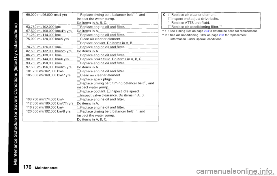 HONDA PRELUDE 2000  Owners Manual (in English) * 1 : See Timing Belt on page 204 to determine need for replacement.
* 2 : See Air Conditioning Filter on page 203 for replacementinformation under special conditions.
Maintenanc e 