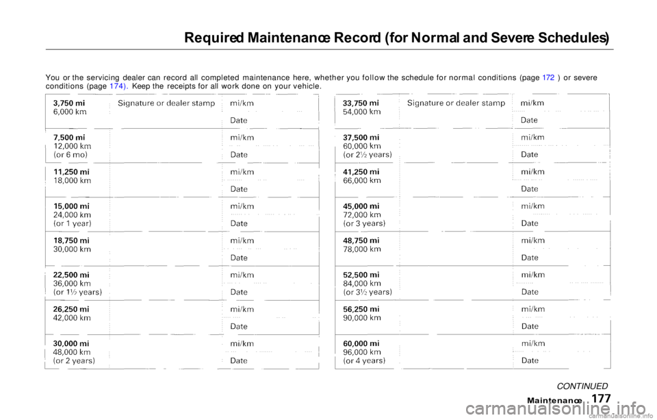 HONDA PRELUDE 2000 Owners Manual (in English) Required Maintenanc e Recor d (fo r Norma l an d Sever e Schedules )
Maintenanc e
CONTINUED
You or the servicing dealer can record all completed maintenance here, whether you follow the schedule for n HONDA PRELUDE 2000 Owners Manual (in English) Required Maintenanc e Recor d (fo r Norma l an d Sever e Schedules )
Maintenanc e
CONTINUED
You or the servicing dealer can record all completed maintenance here, whether you follow the schedule for n