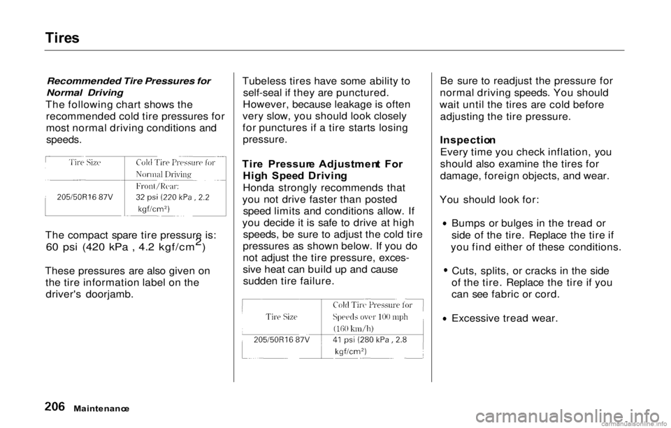 HONDA PRELUDE 2000  Owners Manual (in English) Tire
s

Recommended Tire Pressures for
Normal Driving

The following chart shows the recommended cold tire pressures for
most normal driving conditions and
speeds.

The compact spare tire pressure is: