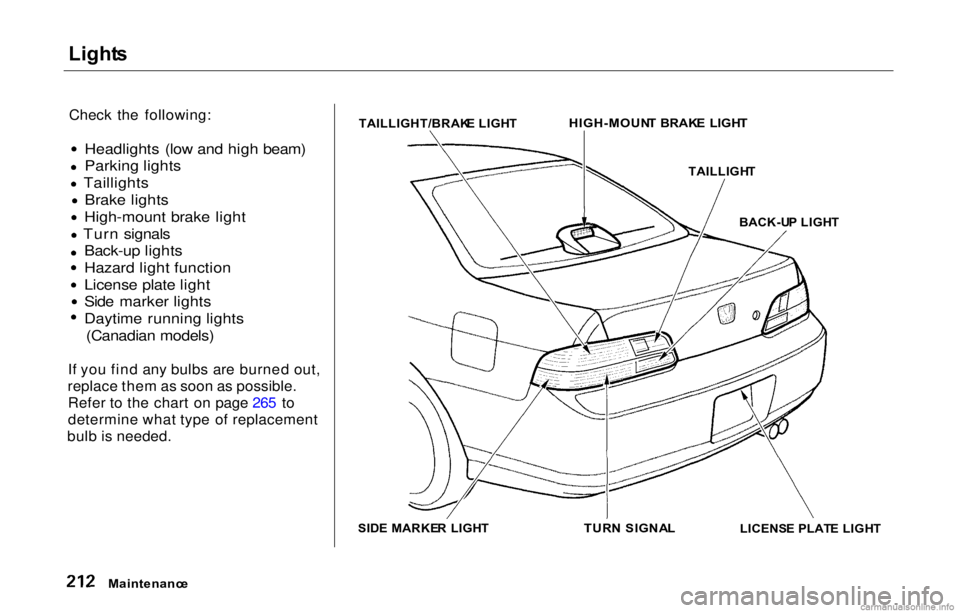 HONDA PRELUDE 2000  Owners Manual (in English) Light
s

Check the following:
 Headlights (low and high beam)
Parking lights
Taillights Brake lights
High-mount brake light
Turn signals Back-up lights
Hazard light function
License plate light
Side m