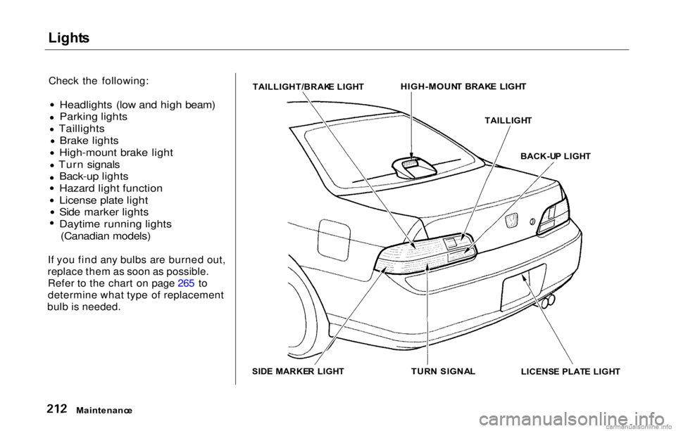 HONDA PRELUDE 2000 Owners Manual (in English) Light
s
Check the following:
Headlights (low and high beam)
Parking lights
Taillights Brake lights
High-mount brake light
Turn signals Back-up lights
Hazard light function
License plate light
Side m HONDA PRELUDE 2000 Owners Manual (in English) Light
s
Check the following:
Headlights (low and high beam)
Parking lights
Taillights Brake lights
High-mount brake light
Turn signals Back-up lights
Hazard light function
License plate light
Side m