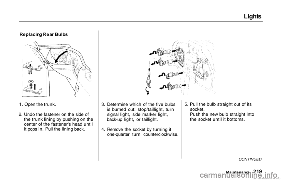 HONDA PRELUDE 2000  Owners Manual (in English) Light
s

Replacin g Rea r Bulb s
1. Open the trunk.
2. Undo the fastener on the side of the trunk lining by pushing on thecenter of the fastener's head until
it pops in. Pull the lining back. 3. D