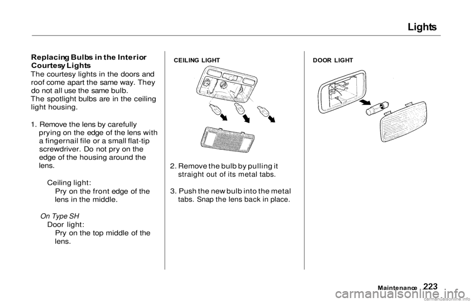 HONDA PRELUDE 2000  Owners Manual (in English) Light
s

Replacin g Bulb s in  th e Interio r
Courtes y Light s
The courtesy lights in the doors and roof come apart the same way. Theydo not all use the same bulb.
The spotlight bulbs are in the ceil