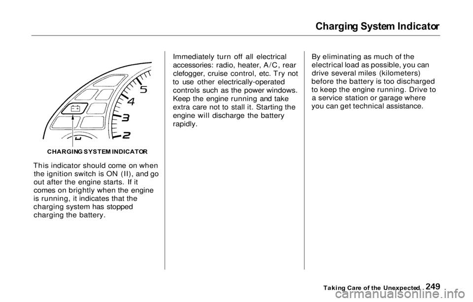 HONDA PRELUDE 2000 Owners Manual (in English)
Chargin
g Syste m Indicato r
This indicator should come on when the ignition switch is ON (II), and go
out after the engine starts. If it
comes on brightly when the engine
is running, it indicates t HONDA PRELUDE 2000 Owners Manual (in English)
Chargin
g Syste m Indicato r
This indicator should come on when the ignition switch is ON (II), and go
out after the engine starts. If it
comes on brightly when the engine
is running, it indicates t