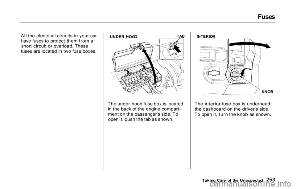 HONDA PRELUDE 2000  Owners Manual (in English) Fuse
s

All the electrical circuits in your car have fuses to protect them from ashort circuit or overload. These
fuses are located in two fuse boxes.
The under-hood fuse box is locatedin the back of 