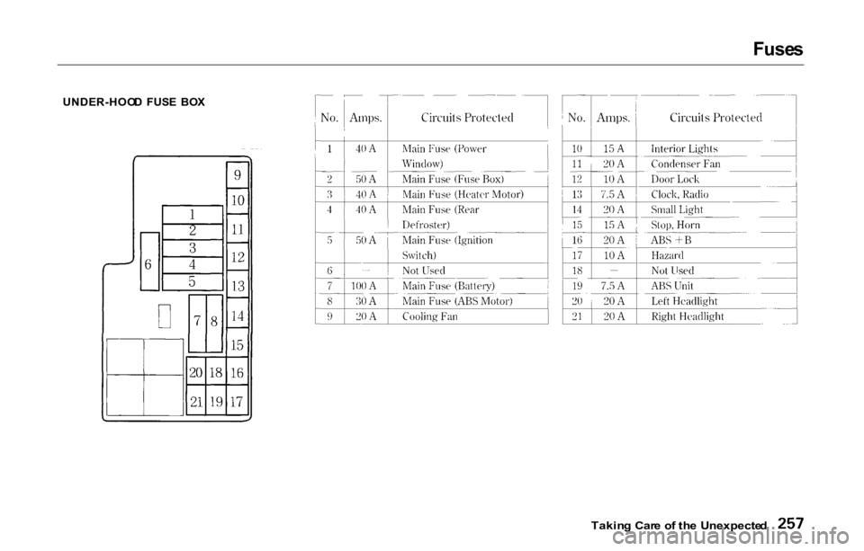 HONDA PRELUDE 2000 Owners Manual (in English) Fuse
s
UNDER-HOO D FUS E BO X
Taking Car e o f th e Unexpecte d HONDA PRELUDE 2000 Owners Manual (in English) Fuse
s
UNDER-HOO D FUS E BO X
Taking Car e o f th e Unexpecte d