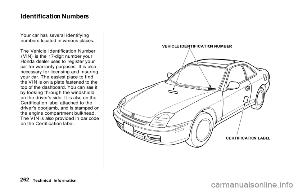 HONDA PRELUDE 2000  Owners Manual (in English) Identificatio
n Number s

Your car has several identifying numbers located in various places.
The Vehicle Identification Number (VIN) is the 17-digit number your
Honda dealer uses to register your
car