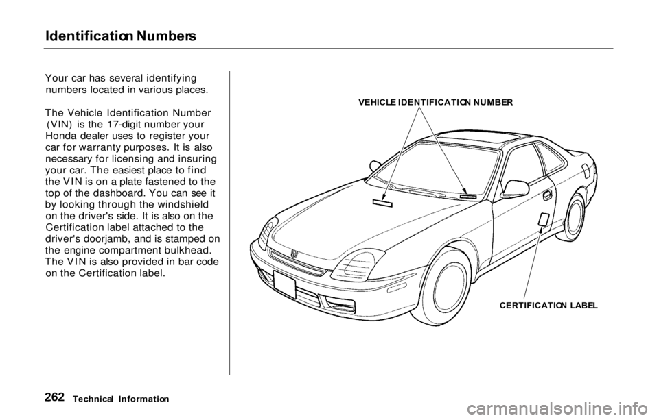HONDA PRELUDE 2000 Owners Manual (in English) Identificatio
n Number s
Your car has several identifying numbers located in various places.
The Vehicle Identification Number (VIN) is the 17-digit number your
Honda dealer uses to register your
car HONDA PRELUDE 2000 Owners Manual (in English) Identificatio
n Number s
Your car has several identifying numbers located in various places.
The Vehicle Identification Number (VIN) is the 17-digit number your
Honda dealer uses to register your
car