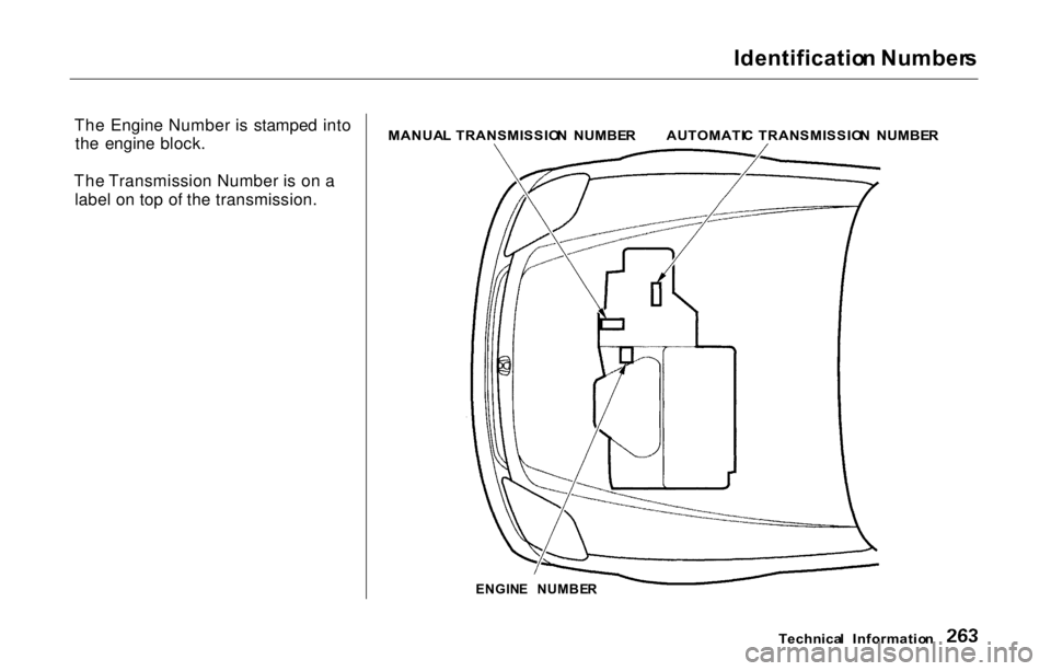 HONDA PRELUDE 2000  Owners Manual (in English) 
Identificatio
n Number s
The Engine Number is stamped into the engine block.
The Transmission Number is on a label on top of the transmission.
 MANUA
L TRANSMISSIO N  NUMBE R

ENGIN E  NUMBE R

Techn