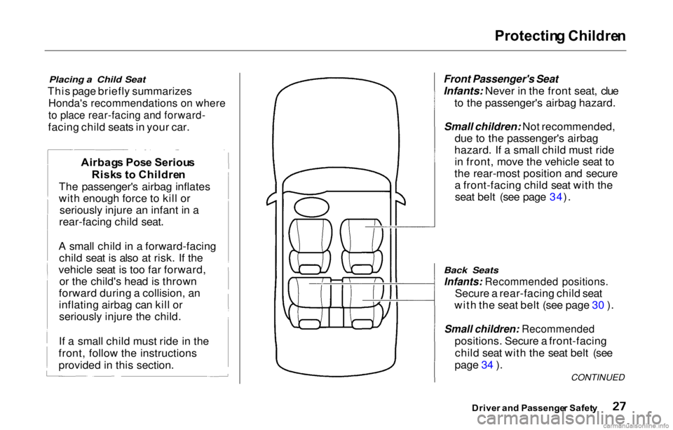 HONDA PRELUDE 2000  Owners Manual (in English) Protectin
g Childre n

Placing a Child Seat

This page briefly summarizes
 Honda's recommendations on where

to place rear-facing and forward-

facing child seats in your car.
 Front Passenger'
