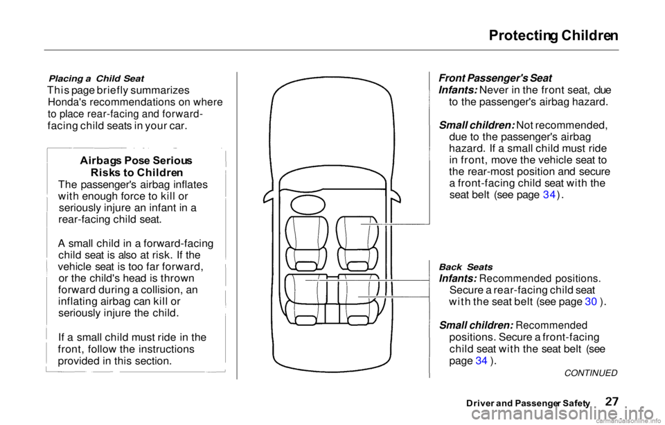 HONDA PRELUDE 2000 (in English) Owners Guide Protectin
g Childre n
Placing a Child Seat
This page briefly summarizes
Honda's recommendations on where
to place rear-facing and forward-
facing child seats in your car.
Front Passenger' HONDA PRELUDE 2000 (in English) Owners Guide Protectin
g Childre n
Placing a Child Seat
This page briefly summarizes
Honda's recommendations on where
to place rear-facing and forward-
facing child seats in your car.
Front Passenger'