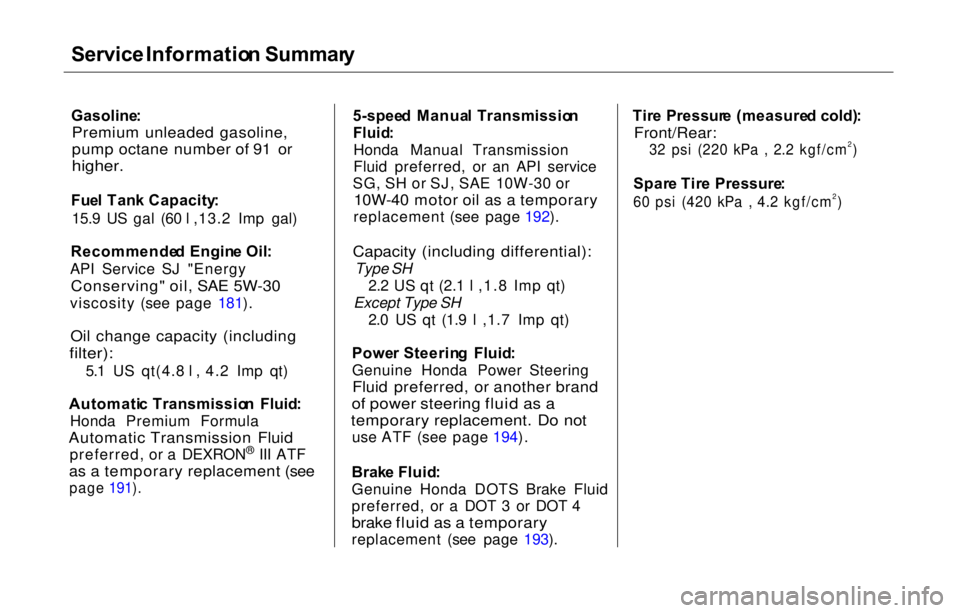 HONDA PRELUDE 2000  Owners Manual (in English) Service
 Informatio n Summar y
Gasoline :

Premium unleaded gasoline,

pump octane number of 91 or

higher.

Fue l Tan k Capacity :
15.9 US gal (60 l ,13.2 Imp gal)
Recommende d  Engin e Oil :
API Ser