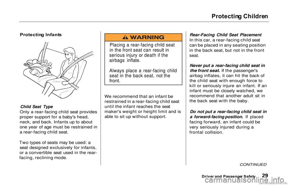 HONDA PRELUDE 2000   (in English) Owners Guide Protectin
g Childre n

Protectin g Infant s

Child Seat Type

Only a rear-facing child seat provides
proper support for a baby's head,
neck, and back. Infants up to about
one year of age must be r