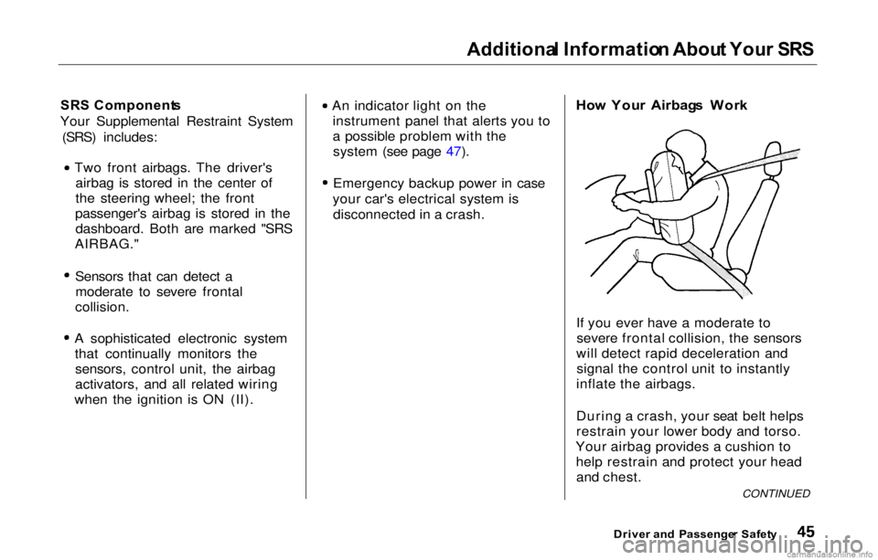 HONDA PRELUDE 2000  Owners Manual (in English) Additiona
l Informatio n Abou t You r SR S

SR S Component s

Your Supplemental Restraint System (SRS) includes: Two front airbags. The driver's
airbag is stored in the center of
the steering whee