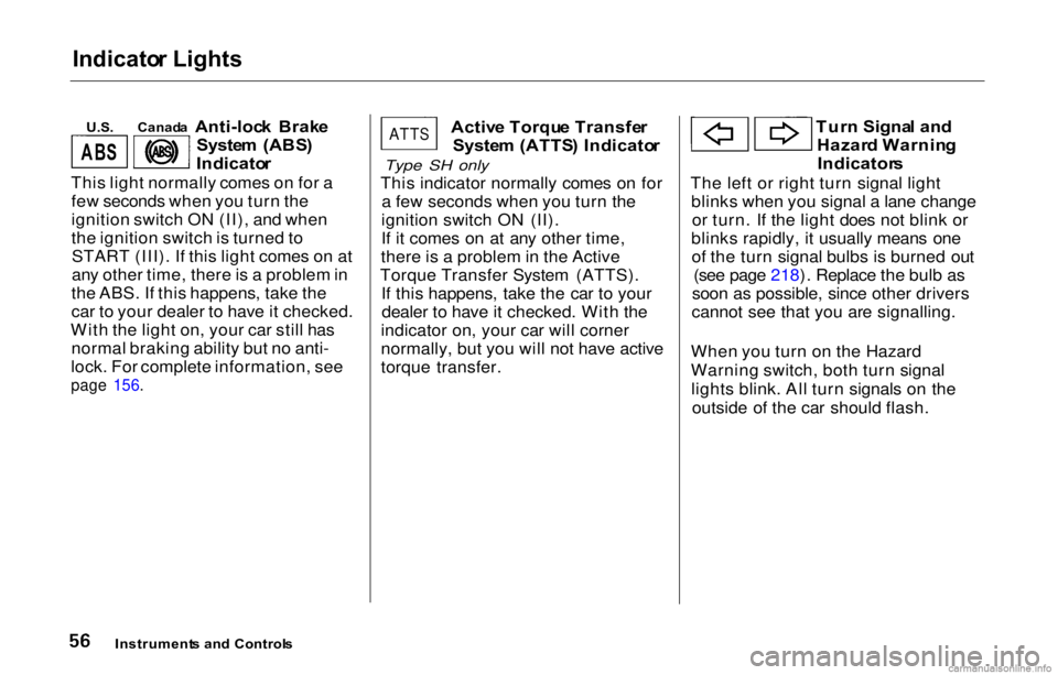 HONDA PRELUDE 2000   (in English) Workshop Manual Indicato
r Lights

U.S .
 

Anti-lock  Brak e
Syste m  (ABS )
Indicato r
This light normally comes on for a few seconds when you turn the
ignition switch ON (II), and when
the ignition switch is turne