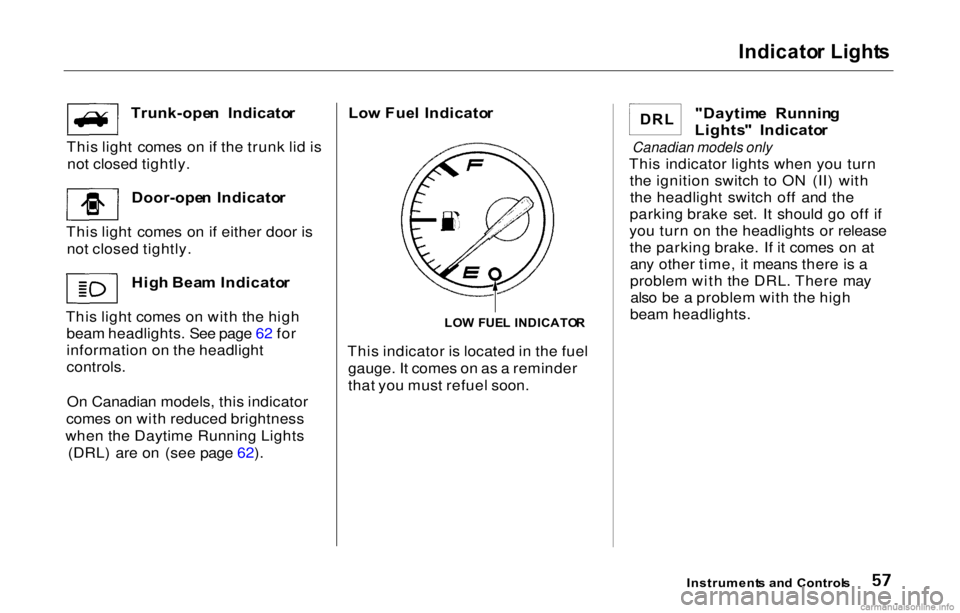 HONDA PRELUDE 2000  Owners Manual (in English) Indicato
r Light s

Trunk-ope n  Indicato r
This light comes on if the trunk lid is not closed tightly.
Door-ope n  Indicato r
This light comes on if either door is not closed tightly.
High Bea m Indi