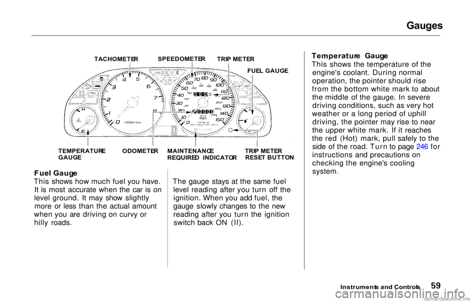 HONDA PRELUDE 2000 Owners Manual (in English) Gauges
Fue l Gaug e
This shows how much fuel you have. It is most accurate when the car is on
level ground. It may show slightly more or less than the actual amount
when you are driving on curvy or h HONDA PRELUDE 2000 Owners Manual (in English) Gauges
Fue l Gaug e
This shows how much fuel you have. It is most accurate when the car is on
level ground. It may show slightly more or less than the actual amount
when you are driving on curvy or h