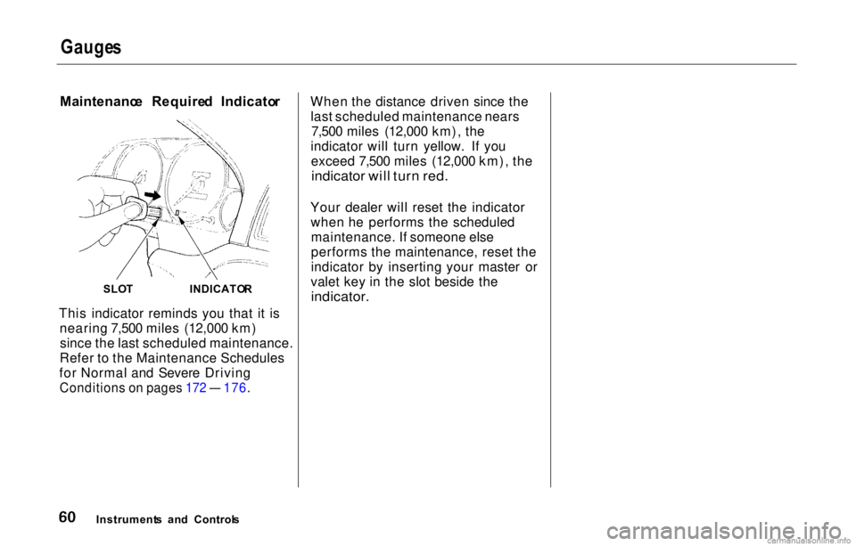 HONDA PRELUDE 2000 (in English) Repair Manual
Gauge
s
Maintenanc e Require d Indicato r
This indicator reminds you that it is nearing 7,500 miles (12,000 km)since the last scheduled maintenance.
Refer to the Maintenance Schedules
for Normal a HONDA PRELUDE 2000 (in English) Repair Manual
Gauge
s
Maintenanc e Require d Indicato r
This indicator reminds you that it is nearing 7,500 miles (12,000 km)since the last scheduled maintenance.
Refer to the Maintenance Schedules
for Normal a