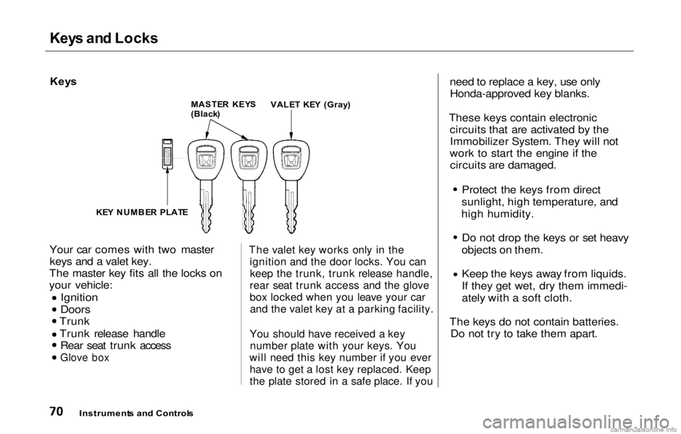 HONDA PRELUDE 2000  Owners Manual (in English) Key
s an d Locks

Key s

Your car comes with two master keys and a vale
t key.
Th
 e master key fits all the locks on
your vehicle:
 Ignition

Doors

Trunk
Trunk release handle Rear seat trunk access
