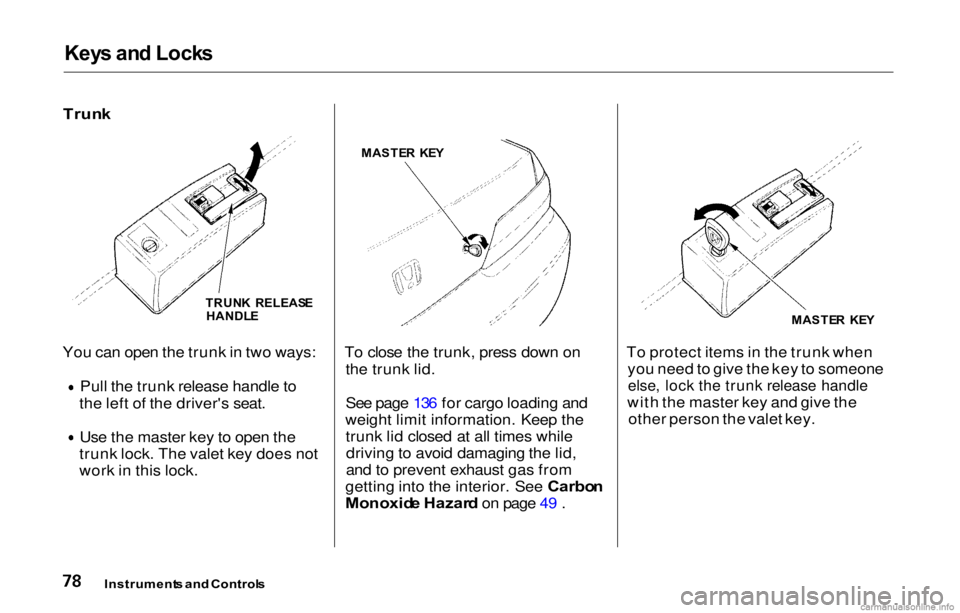 HONDA PRELUDE 2000 (in English) Manual Online Key
s an d Lock s
Trun k
You can open the trunk in two ways: Pull the trunk release handle to
the left of the driver's seat.
Use the master key to open the
trunk lock. The valet key does not
wor HONDA PRELUDE 2000 (in English) Manual Online Key
s an d Lock s
Trun k
You can open the trunk in two ways: Pull the trunk release handle to
the left of the driver's seat.
Use the master key to open the
trunk lock. The valet key does not
wor