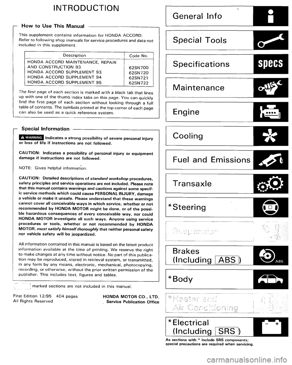 HONDA ACCORD 1996  Service Manual Supplement 