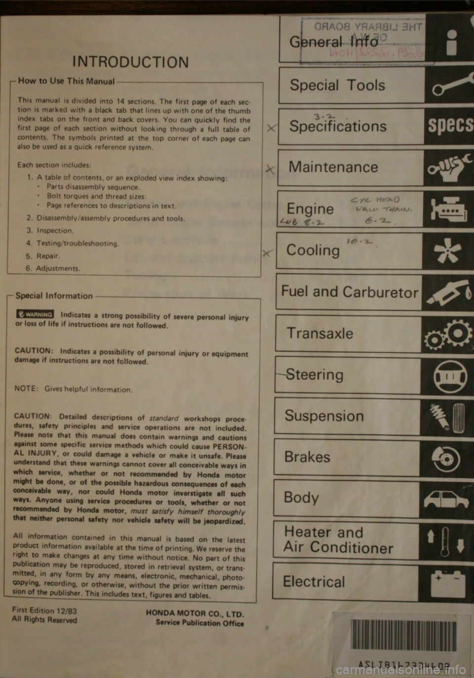 HONDA CITY 1983 Shop Manual HONDA CITY 1983 Shop Manual