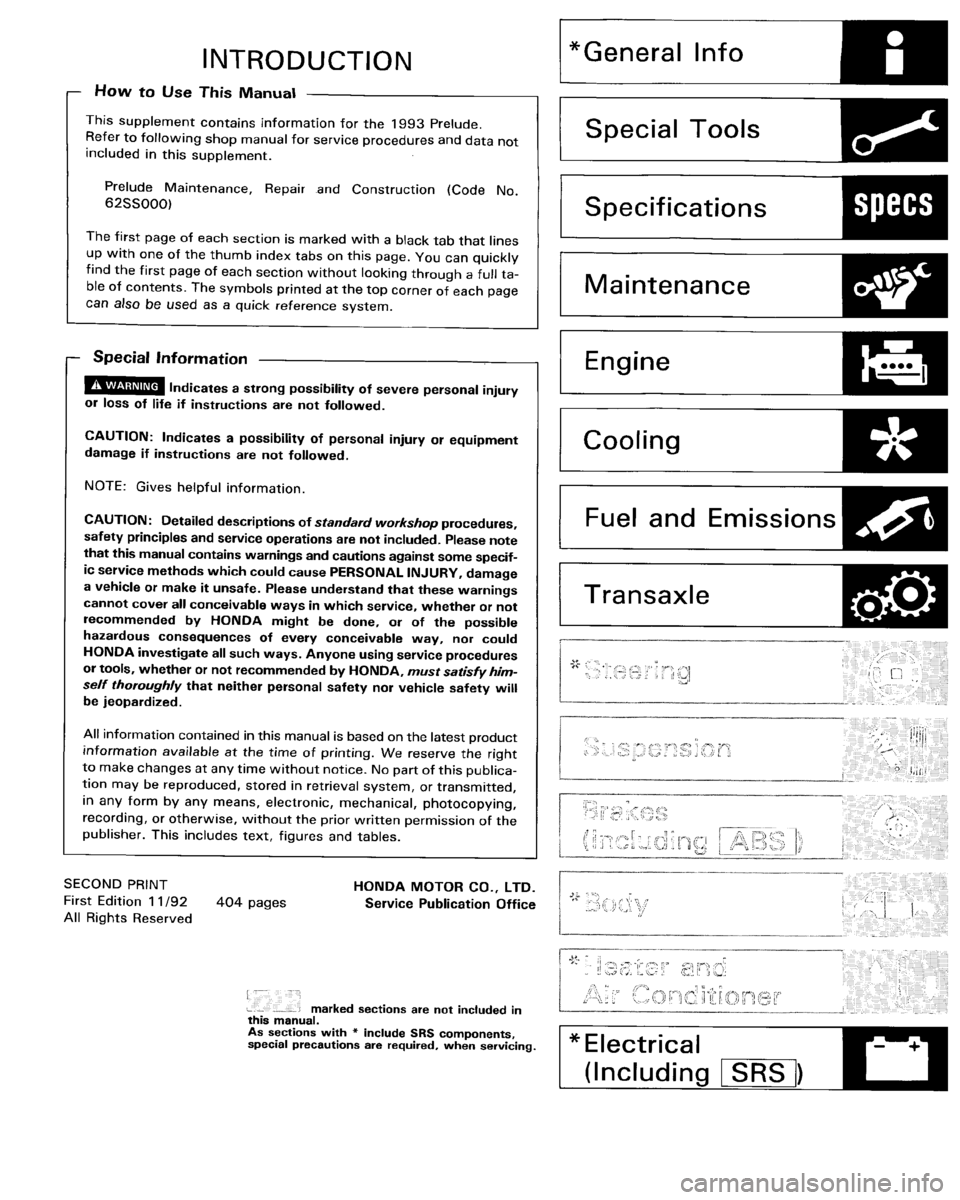 HONDA PRELUDE 1993  Service Repair Manual 