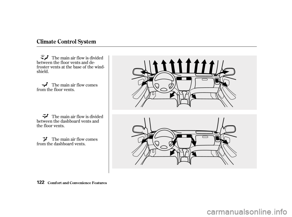 HONDA ACCORD 2001 CF / 6.G Owners Manual The main air f low is divided
between the dashboard vents and 
the f loor vents. The main air f low is divided
between the f loor vents and de-
froster vents at the base of the wind-
shield.
The main 