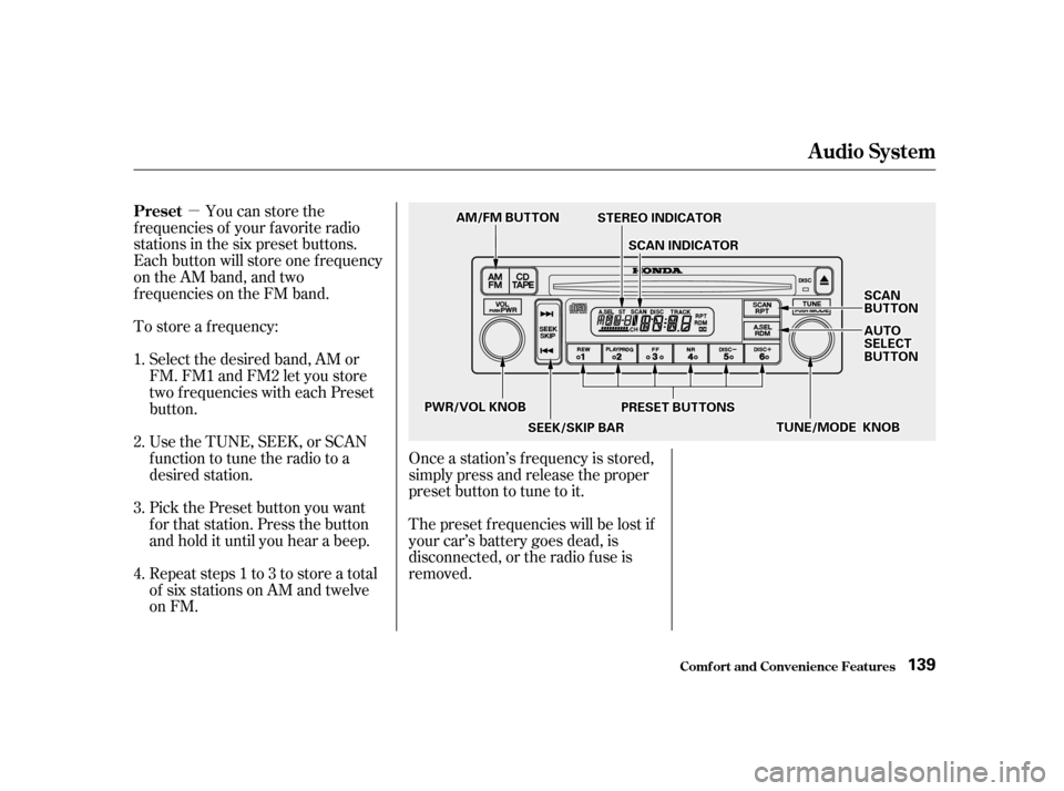 HONDA ACCORD 2001 CF / 6.G Owners Manual µ
Repeat steps 1 to 3 to store a total 
of six stations on AM and twelve
on FM.
Pick the Preset button you want
for that station. Press the button
and hold it until you hear a beep.
Select the desir