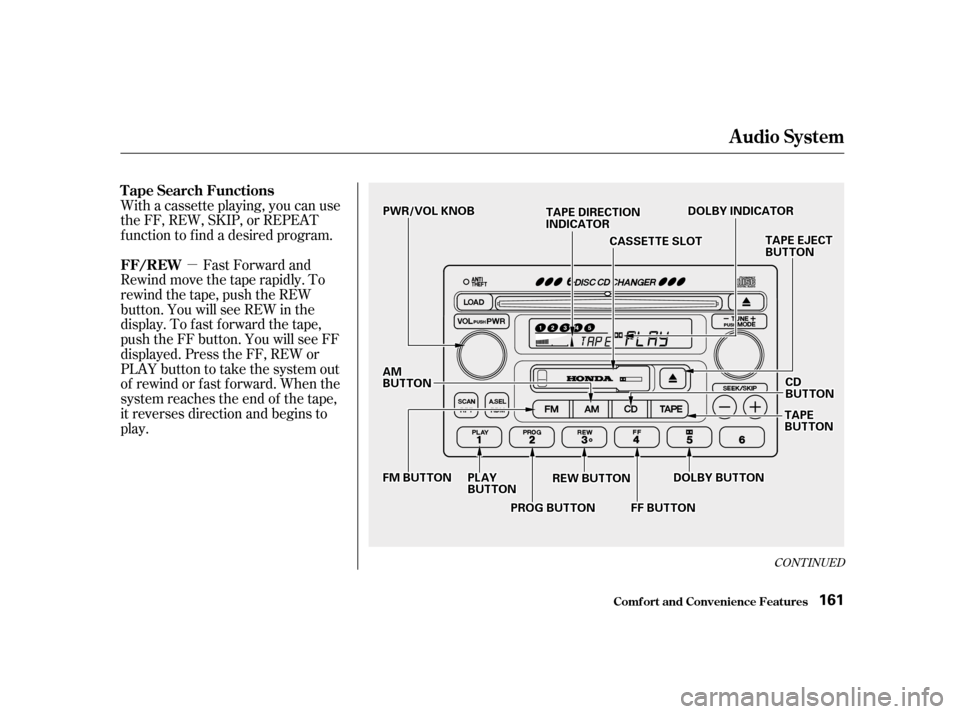 HONDA ACCORD 2001 CF / 6.G Owners Guide µ
CONT INUED
With a cassette playing, you can use 
the FF, REW, SKIP, or REPEAT
f unction to f ind a desired program.Fast Forward and
Rewind move the tape rapidly. To
rewind the tape, push the REW
b
