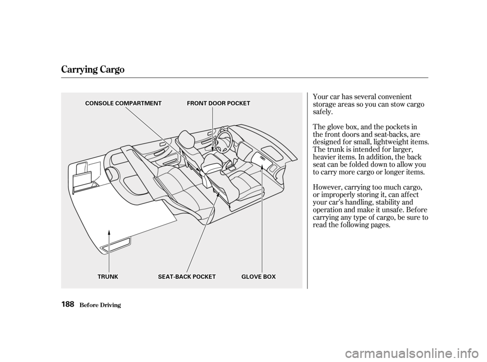 HONDA ACCORD 2001 CF / 6.G Owners Manual The glove box, and the pockets in 
the f ront doors and seat-backs, are
designed f or small, lightweight items.
The trunk is intended f or larger,
heavier items. In addition, the back
seatcanbefoldedd