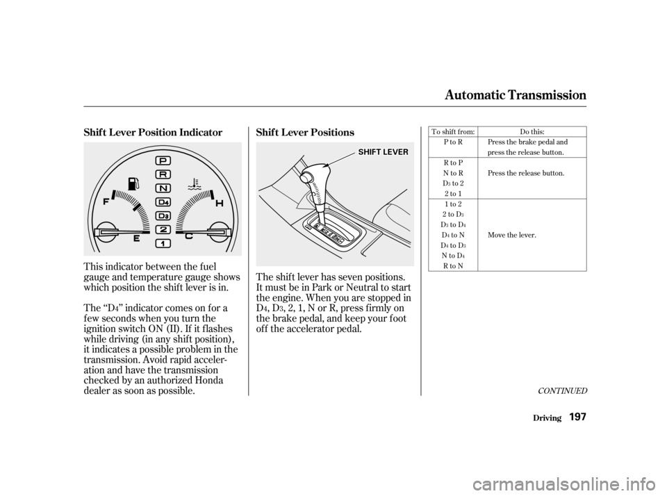 HONDA ACCORD 2001 CF / 6.G Owners Manual CONT INUED
The shift lever has seven positions. 
It must be in Park or Neutral to start
the engine. When you are stopped in
D,D,2,1,NorR,pressfirmlyon
the brake pedal, and keep your f oot
of f the acc